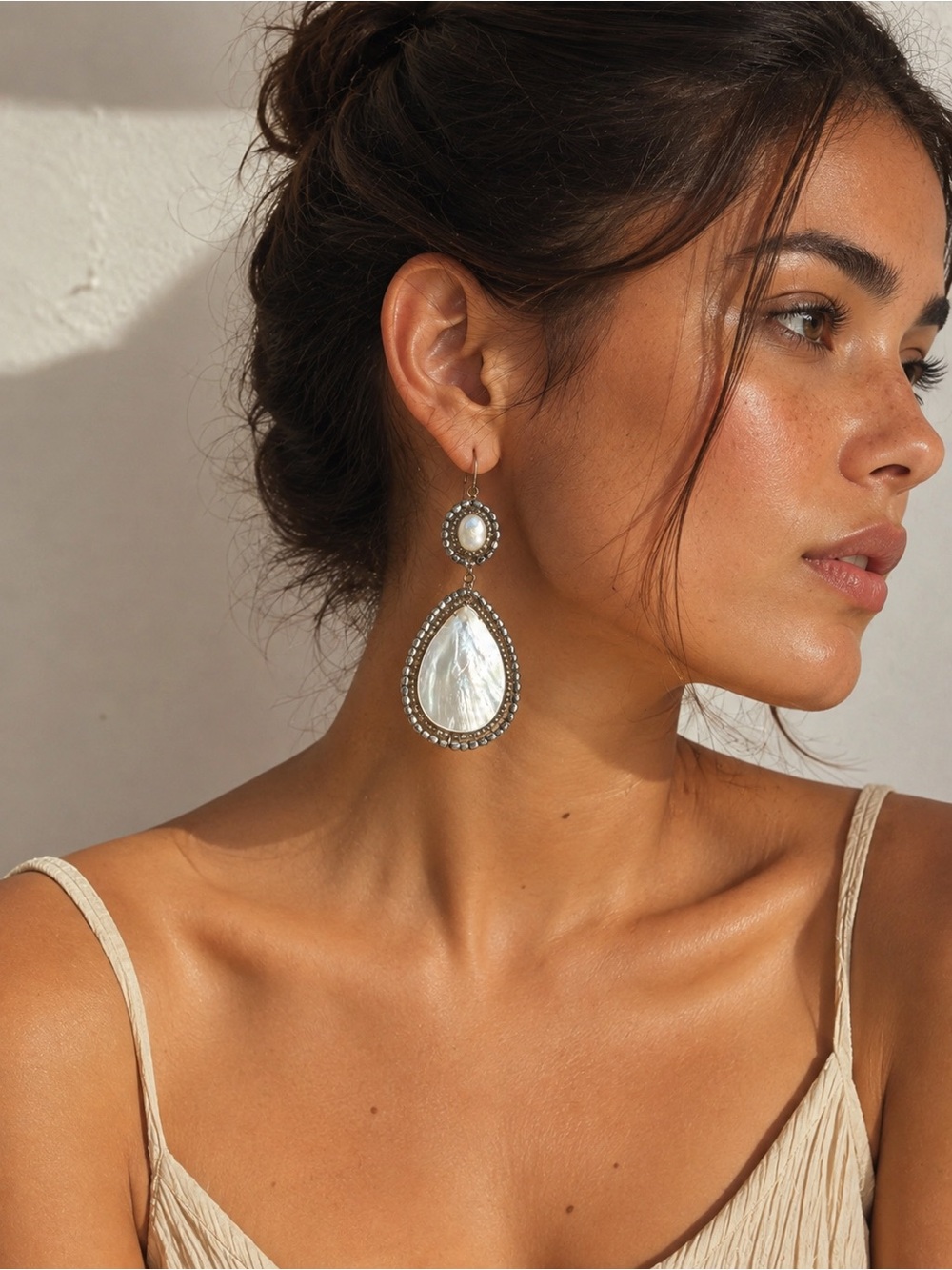 Vintage Mother Pearl Teardrop Dangle Beaded Earrings